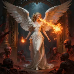 a angelic woman with a beautiful face is standing at the gate of hell and spitting fire balls at lost souls that are in front of her, fantasy art, art by greg rutkowski and artgerm, amazing detail, hd, illustration, epic, intricate, elegant, artstation, concept art, smooth, sharp focus, cinematic