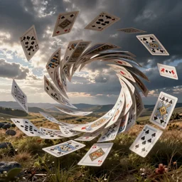 whirlwind of playing cards, playing cards, playing cards, playing cards, volumetric lighting, landscape, by greg rutkowski