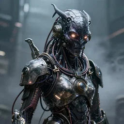 a close up sci fi horror quarter - length portrait of a shadow demon fused into massive wires and wearing sci fi armor, cinematic lighting, smooth, high detail, glowing eyes, realistic led tube lights, unreal engine, octane render, by vitaly bulgarov artstation, stunning color scheme, by alexandros pyromallis, fog volumes, metal panels, greeble detail, cgsociety