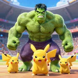 pokemons in the style of hulk, pokemon stadium, octane render, by studio ghibli, pixar, disney, nintendo.
