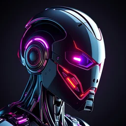 ''robot profile picture with a full metal helmet, purple and red neon details, 8 k and ultra detailed''