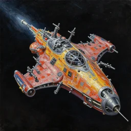 classical oil painting of a sidescrolling shooter spaceship with lots of tiny guns, outer space, hyperrealism, fine detail, 8 k, trending on artstation, stylistic, brush strokes, oil, canvas, r - type gradius lifeforce star trek star wars gaudy colors on black background by robert mccall and michael whelan