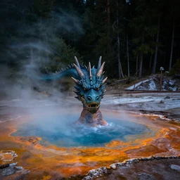 dragon's head emerging from a colorful hotspring, photograph taken in a dark forest