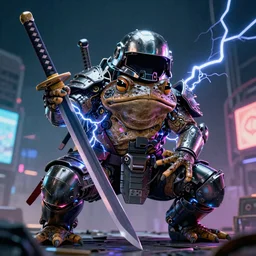 a from below wide shot of a huge wide toad in a futuristic armour with Japanese katana sword, open helmet, cyberpunk, Japanese style, hyper realistic, hyper detailed, sharpened, coherent picture, volumetric lightning, neon, electric colours, Filmic, Cinematic, Dramatic, Film Grain, Kodak Portra, Depth of Field, octane render, 4k, raytracing, blender