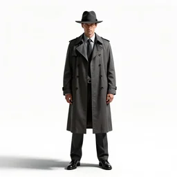 mysterious detective in trench coat, high detail digital art, full body, standing, isolated on a pure white background, centered, whole figure in frame, sharp focus, studio lighting