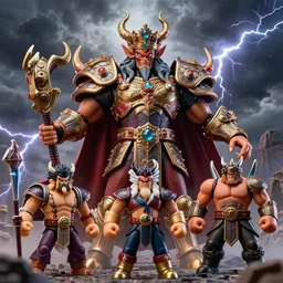 hyperrealistic rendering, epic boss battle, ornate supreme demon overlord, jewel crown, battle armor, by art of skinner and richard corben and jeff easley, product photography, action figure, sofubi, storm clouds, outside, lightning