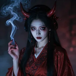 female Japanese demon, smoke, scary, beautiful, cinematic,