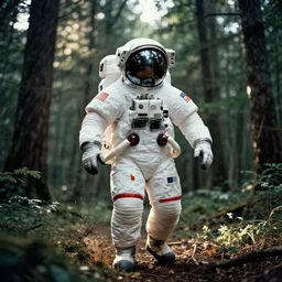 a 3 5 mm photo of a giant oversizec american astronaut in spacesut walking in the woods, splash art, movie still, bokeh, canon 5 0 mm, cinematic lighting, dramatic, film, photography, depth of field, award - winning, backlighting, overcast, 8 k, hyper detailed, 3 5 mm film grain