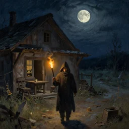 a hooded figure carrying a torch approaches an abandoned tavern on a moonlit night, ivan shishkin and greg rutkowski
