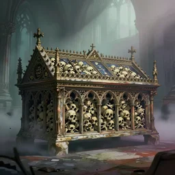 byzantine gothic sedlec ossuary, low wide shot, bones, anime style mixed with fujifilm, colorful, foggy, haunting, spooky, artstation, cgsociety, octane render, cgi, unreal engine 5, denoise, detailed, cinematic masterpiece
