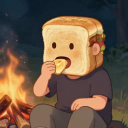 a human with the face of a smore sandwich, by a campfire, eating