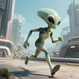 an amazing award winning photo of an alien on the run in a unknown alien city, cinematic