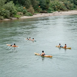 a group of people floating down a river grooving out