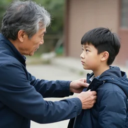 older woman judgmentally telling a father to put a jacket on his young son, photograph, very detailed