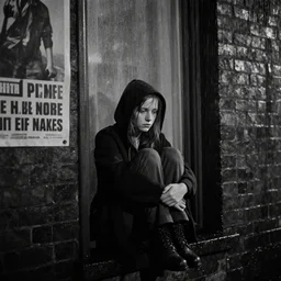 night scene, sadie sink in hoodie sits on windowsill, knees tucked in, rain, old brick wall, propaganda posters : grainy b & w 1 6 mm film, 2 5 mm lens, single long shot from schindler's list by steven spielberg. cyberpunk, steampunk. cinematic atmosphere and composition, detailed face, perfect anatomy
