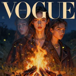 3 d, night, sun rays, close - up, fashion model, bonfire, fireflies, vogue cover style, poster art, high detail, intricate oil painting, multiple exposure, hyperrealism, 3 d, by tooth wu and wlop and beeple and greg rutkowski