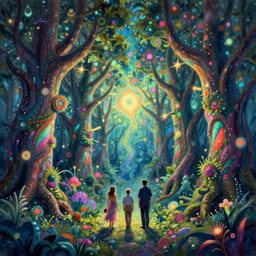 a dreamy digital painting of a glowing fractal forest by greg rutkowski, thomas kinkade and Julius Horsthuis, Trending on artstation, Trending on deviantart