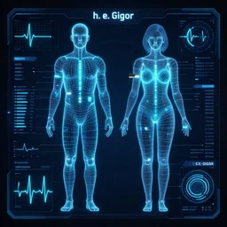 h. e. gigor, sensors, dashboard, heart beat, high detail, precise lines, angular, vector, biometric sensors, technical diagram, human wireframe, male and female, wearables, glowing, future