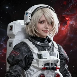highly detailed portrait of a hopeful pretty astronaut lady with a wavy blonde hair, by Bill Henson, 4k resolution, nier:automata inspired, bravely default inspired, vibrant but dreary but upflifting red, black and white color scheme!!! ((Space nebula background))