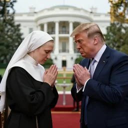 photorealistic 8 k image of putin and trump as nuns praying for god together in the white house, fully detailed