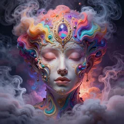 colorful liquid smoke and clouds opening portal to another dimension, dmt, psilocybin, lsd, face, detailed, intricate, elegant, highly detailed, digital painting, artstation, concept art, smooth, sharp focus, illustration, art by hana yata, and artem demura and beeple, octane render, unreal engine, 8 k
