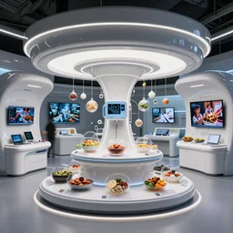 futuristic prototype of transhumanist living space with every necessity being fulfilled by a ai computer, from food to entertainment, product display ces, photograph 2 0 0 8