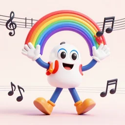 anthropomorphic musical notation, goofy, cartoony, happy musical 3 d rendered rainbow notes with big hands and big feet marching off the page