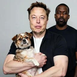a realistic photograph of elon musk holding a dog mixed with a cat in his arms while kanye west stands in the background