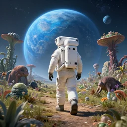 a astronaut walking on a alien planet full of alien plants amd animals with a giant blue planet in the sky, hyperrealistic, octane render, unreal engine 5, 8k hdr, highly detailed, high quality, post processed, calm, beautiful landscape, Ferdinand Knab