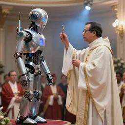 a human priest performing an exorcism on a I Robot by mario feng and John Berkey, ray tracing, master shot, octane render, 8k, ultra hd, perfect light