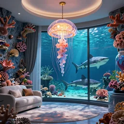 photo of the modern fashionable room as aquarium with a chandelier as a big jellyfish, beautiful corals on the walls and dangerous sharks on the big panoramic window, realism, sharp details, cinematic, a lot of gleans, under the ocean, realistic colors, realistic shadows, daylight made in blender and cinema 4 d, hd, 3 d by beeple and by greg rutkowski