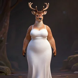 photo realistic portrait of a, tall, slightly fat, sexy, anthropomorphic deer female, in a long white dress, stunning 3 d render inspired art by zootopia, highly detailed attributes and atmosphere, dim volumetric cinematic lighting,