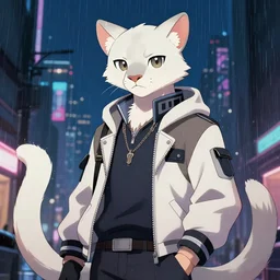 character portrait of a male anthro albino mountain lion fursona with a tail and a cute beautiful attractive furry face wearing stylish clothes in a cyberpunk city at night while it rains. hidari, color page, tankoban, 4K, tone mapping, Akihiko Yoshida.
