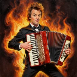 thomas kinkade painting of weird al yankovic playing an accordian on fire
