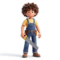 afro-haired carpenter holding a saw, detailed 3d character render, full body, standing, isolated on a pure white background, centered, whole figure in frame, sharp focus, studio lighting