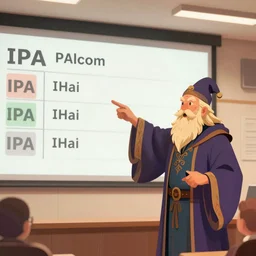 A bearded wizard gestures at an IPA chart in front of a lecture hall, colorful fantasy art by Rutkowski