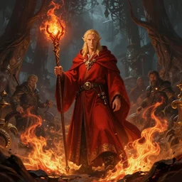 middle adged blonde male elf wizard in red robes holding staff, surrounded by fire, epic wallpaper, high fantasy, trees, intricate detail, digital painting, artstation, concept art, smooth, sharp focus, illustration, art by greg rutkowski and wlop and raymond swanland and ross tran