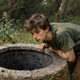a young man peeking down a well, realistic, highly detailed, oil painting, masterpiece, nature, romanticism