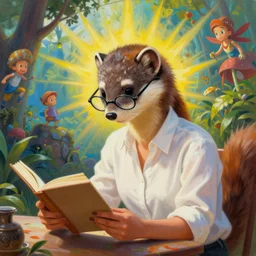 portrait painting of a female weasel in a white shirt, wearing glasses, sits at a table reading by wenjun lin, irakli nadar, bright colors, octopath traveler, wenjun lin, unreal engine 5 highly rendered, global illumination, 9 radiant light, detailed and intricate environment