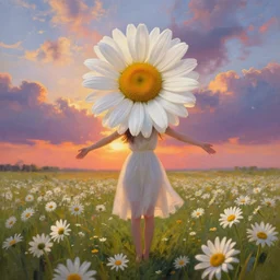 head made of giant daisies, girl standing barefoot in a flower field, arms out stretched, surreal photography, sunrise dramatic light, impressionist painting, colorful clouds, large sky, digital painting, artstation, simon stalenhag, flower face
