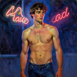 summer, attractive male, neon light, painting by gaston bussiere, craig mullins, j. c. leyendecker