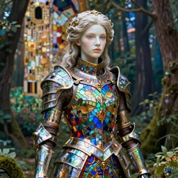 a masterpiece ultrarealistic ultradetailed portrait of a incredibly beautiful girl in incredible stained glass armor. baroque renaissance. in forest. medium shot, intricate, elegant, highly detailed. trending on artstation, digital art, by stanley artgerm lau, wlop, rossdraws, james jean, andrei riabovitchev, marc simonetti, yoshitaka amano. background by james jean and gustav klimt, light by julie bell, 4 k, porcelain skin.