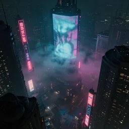 megacity seen from above, neon signs, giant screens, eerie fog, blade runner, ex machina