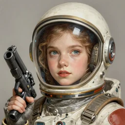 A portrait of a girl wearing a vintage sci-fi astronaut helmet and holding a blaster, face, intricate, elegant, highly detailed, digital painting, artstation, concept art, smooth, sharp focus, illustration, art by phil noto and rebecca guay and james jean