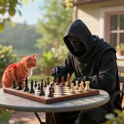 grim reaper playing chess with a red cat at a table on a sunny veranda, 8 k, ultra realistic, unreal engine 5