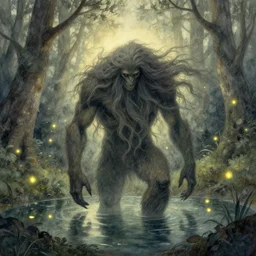 monster with very long hair rising from a forest pond, fireflies flying. watercolor fairytale art, russian romanticism, muted palette, intricate details, backlighting