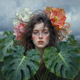 closeup, giant flowers head, girl surrounded by monsteras, surreal photography, wind and cold, dramatic sky, impressionist painting, digital painting, artstation, simon stalenhag