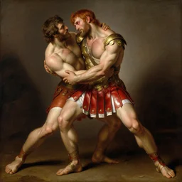 elegant full body renaissance painting of bodybuilder roman soldier strangling a enemy, red leather roman soldier skirt with white tips, gold shoulder armor piece, piercing bright red eyes, fantasy, intricate, short red hair, highly detailed, digital painting, crossfit, smooth, sharp focus, illustration, matte, dramatic, dynamic pose, art by artgerm, and greg rutkowski!, and alphonse mucha!, and simon bisley!!!
