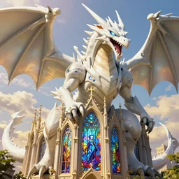Blue-Eyes White Dragon with the body of stained glass cathedral gothic architecture detailed phisiology yugioh anime collosal monolithic high definition ultra realistic 8k octane render on artstation golden hour detailed concept art, Eddie Mendoza, Dan Mumford, Craig Mullins