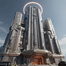 low angle 3 d sculpt of massive town hall beveled architecture, layered complex cyberpunk'power station'complex industrial military building facade, halo, star wars, ilm, star citizen halo, mass effect, high tech industrial, artstation unreal